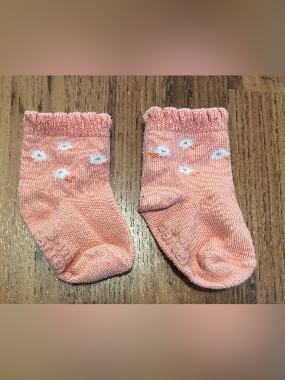 Carter's Peach with White Flower Print Ruffle Baby Socks